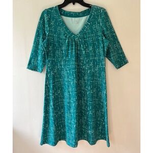 EDDIE BAUER Sz L Midi Stretch Green Dress Shift Printed Shirred V Neck
